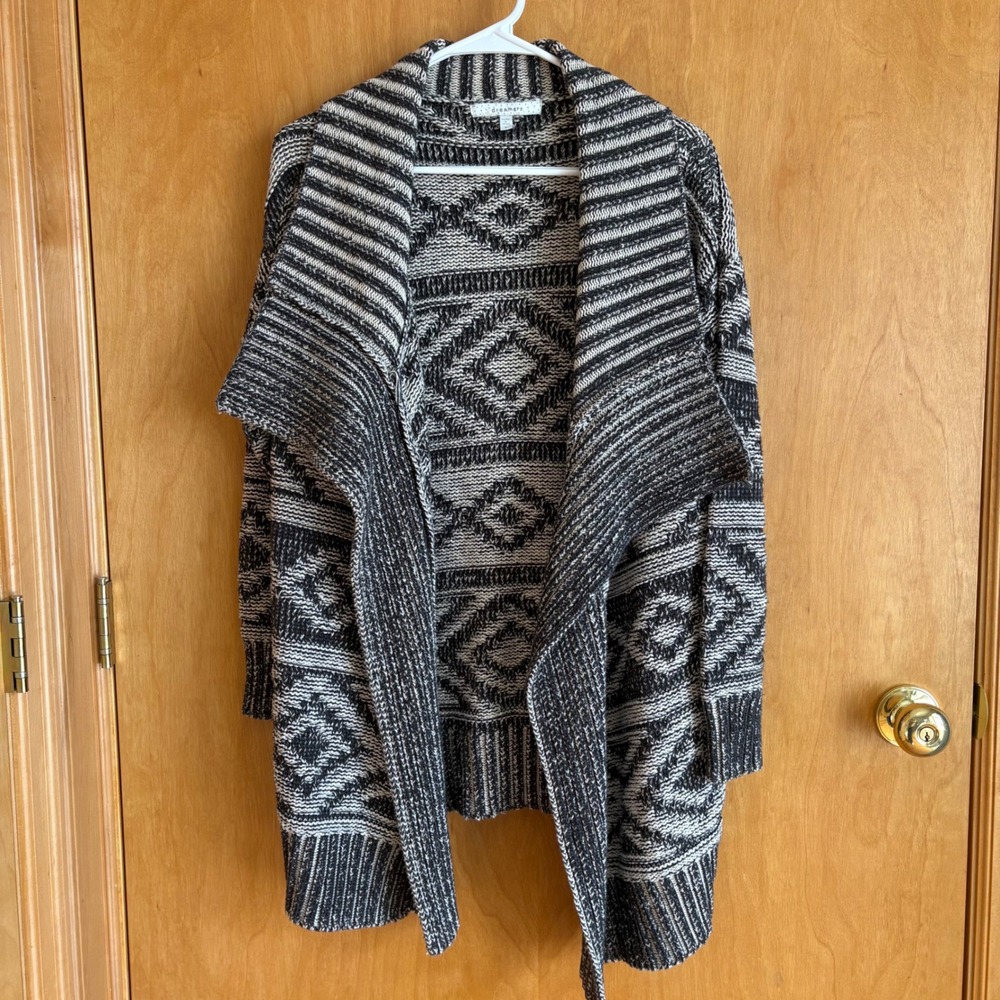 Dreamers Cardigan Women Medium Black Cream Geometric Tribal Open Front K2511